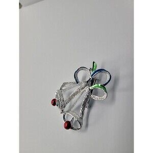 Vintage Gerrys Christmas Bells Brooch Silver Tone Blue Green Red Enamel Holiday